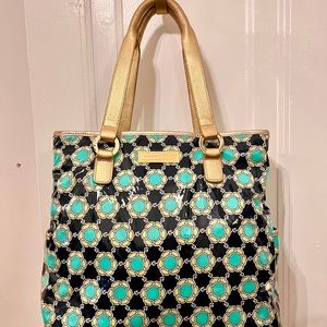 Vineyard Vines Vinyl Zippered Tote-Turquoise/navy with gold straps